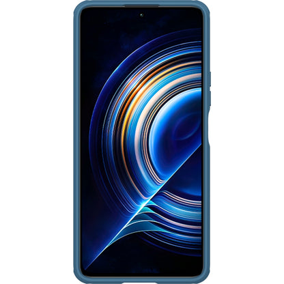 Blue phone case frame with raised edges, fitted on a smartphone front