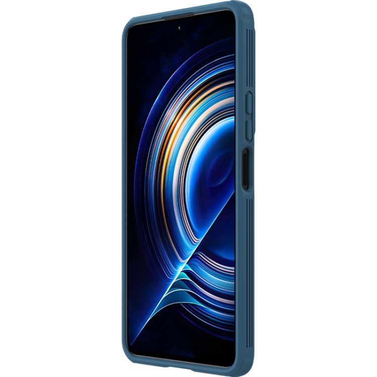 Blue phone case fitted on smartphone, showing side controls and slim profile