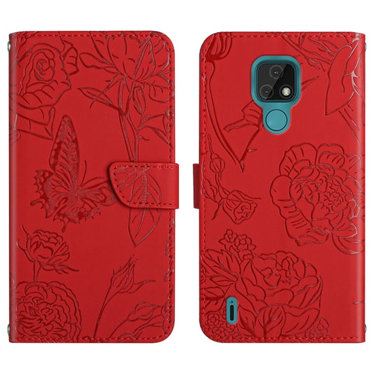 Red embossed butterfly and peony leather-style phone wallet case with side card slot