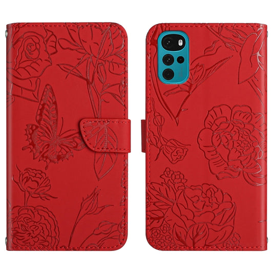 Red embossed butterfly and flower leather-look phone folio case with flip cover and strap.