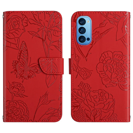 Red embossed butterfly peony leather phone case with folio-style cover and side card flap