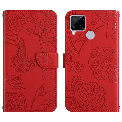 Red embossed butterfly and peony leather-style phone case with magnetic flap