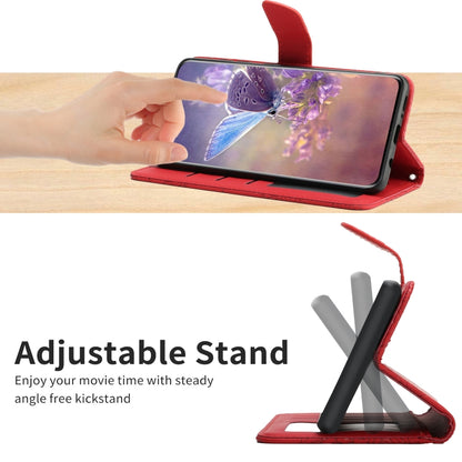 Red folio phone case with embossed floral pattern and built-in viewing stand