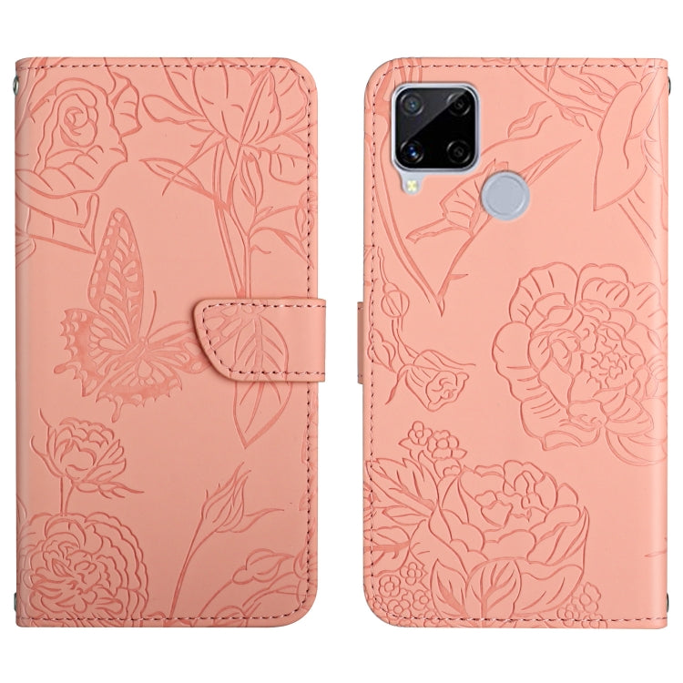 Pink embossed butterfly and peony leather-style phone case with magnetic flap