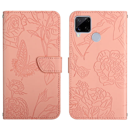 Pink embossed butterfly and peony leather-style phone case with magnetic flap