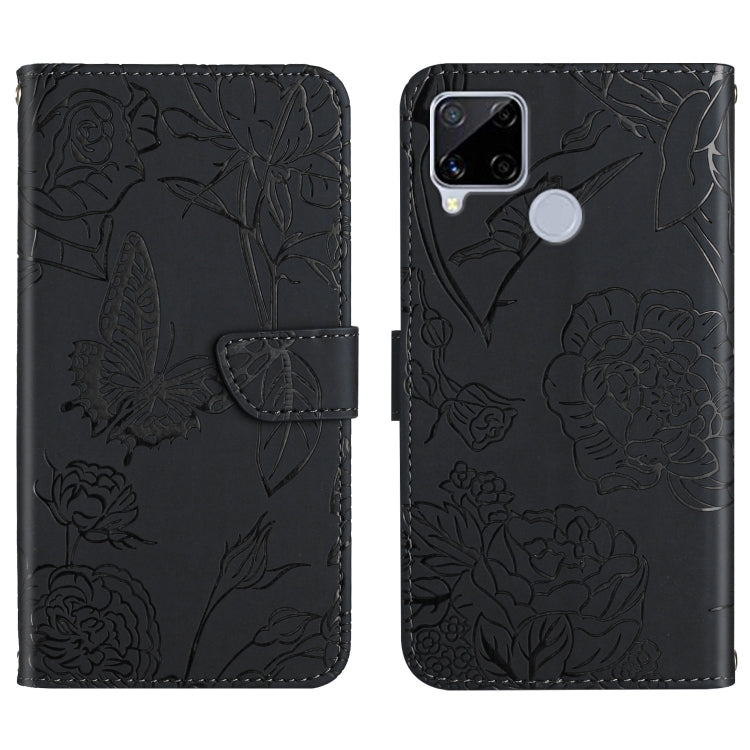 Black embossed leather-style phone case with butterfly and peony floral pattern, folio strap