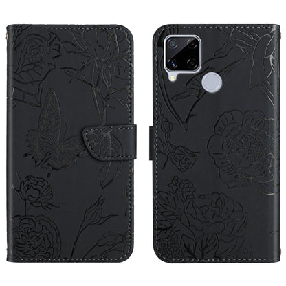 Black embossed leather-style phone case with butterfly and peony floral pattern, folio strap