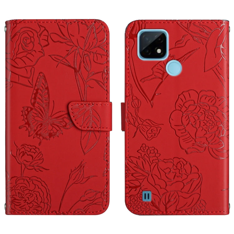 Red embossed leather-style phone case with butterfly and peony floral pattern, folio strap