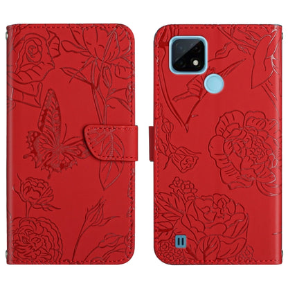 Red embossed leather-style phone case with butterfly and peony floral pattern, folio strap