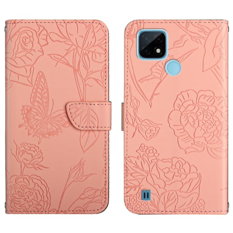 Light pink embossed leather-style phone case with butterfly and peony floral pattern, folio strap