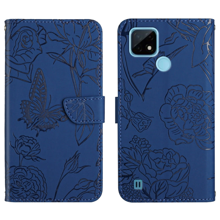 Blue embossed leather-style phone case with butterfly and peony floral pattern, folio strap