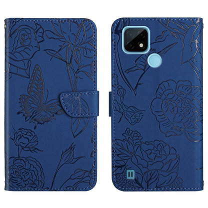 Blue embossed leather-style phone case with butterfly and peony floral pattern, folio strap