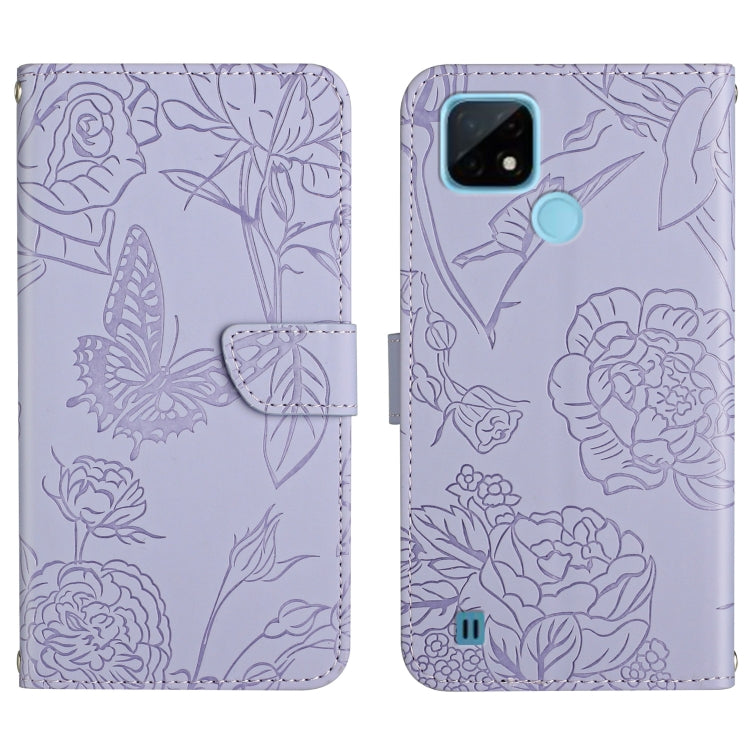 Lavender embossed leather-style phone case with butterfly and peony floral pattern, folio strap