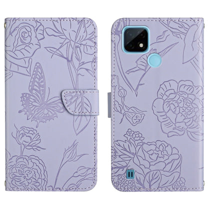 Lavender embossed leather-style phone case with butterfly and peony floral pattern, folio strap