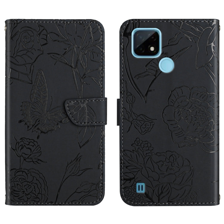 Black embossed leather-style phone case with butterfly and peony floral pattern, folio strap