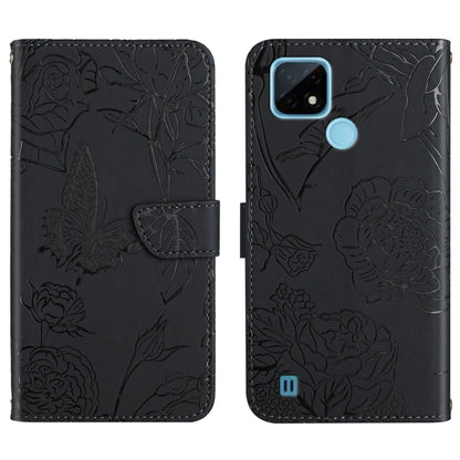 Black embossed leather-style phone case with butterfly and peony floral pattern, folio strap