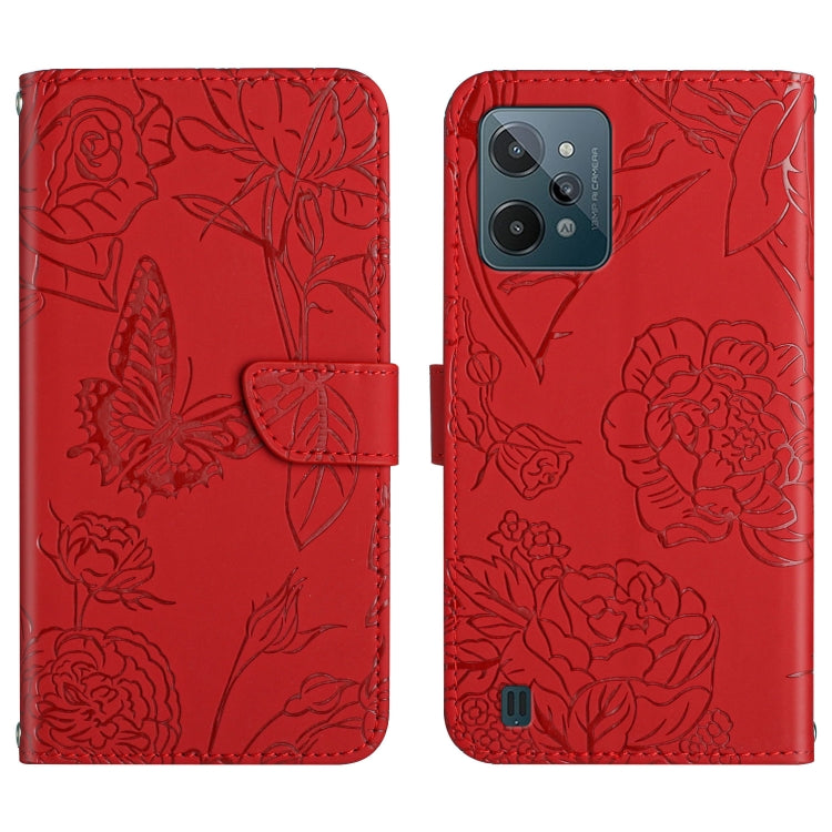 Red embossed leather-style phone case with butterfly and peony floral pattern, folio strap