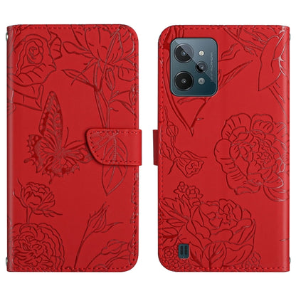 Red embossed leather-style phone case with butterfly and peony floral pattern, folio strap