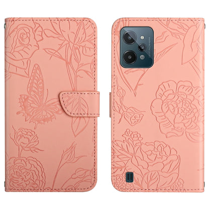 Light pink embossed leather-style phone case with butterfly and peony floral pattern, folio strap
