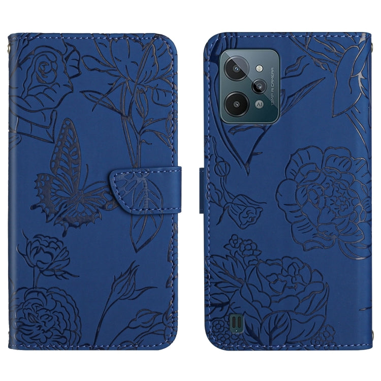 Blue embossed leather-style phone case with butterfly and peony floral pattern, folio strap