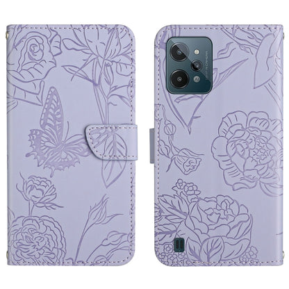 Lavender embossed leather-style phone case with butterfly and peony floral pattern, folio strap