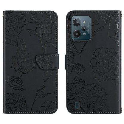 Black embossed butterfly and peony leather phone case with folio flap, camera cutout.