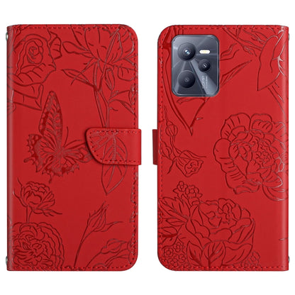 Red embossed butterfly and peony leather phone case with folio flap, camera cutout.