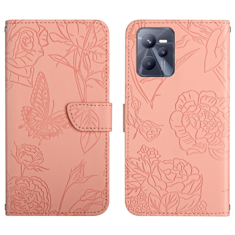 Light pink embossed butterfly and peony leather phone case with folio flap, camera cutout.