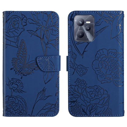 Blue embossed butterfly and peony leather phone case with folio flap, camera cutout.