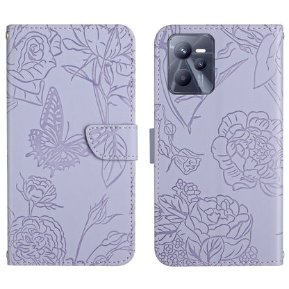 Lavender embossed butterfly and peony leather phone case with folio flap, camera cutout.