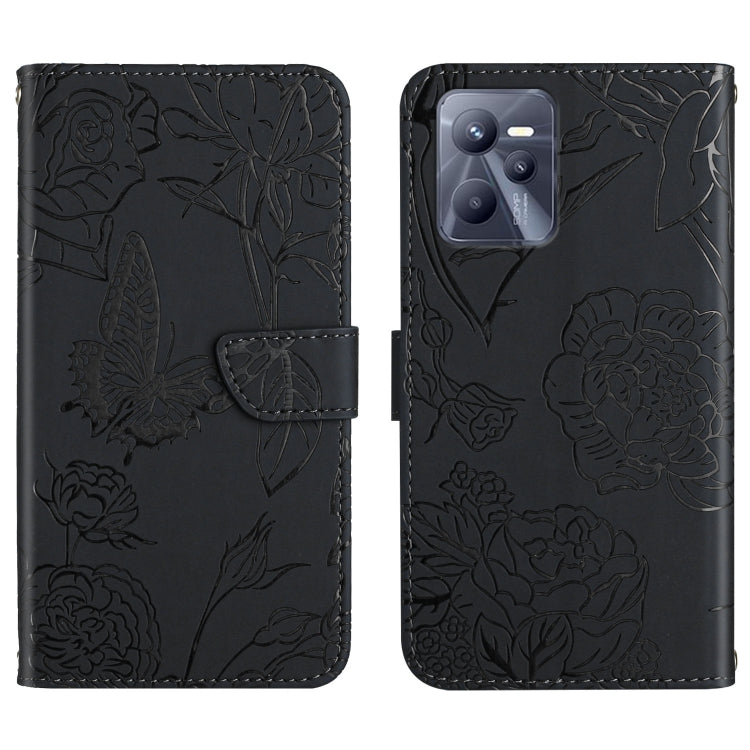 Dark black embossed floral butterfly leather phone case with folio flap and camera opening.