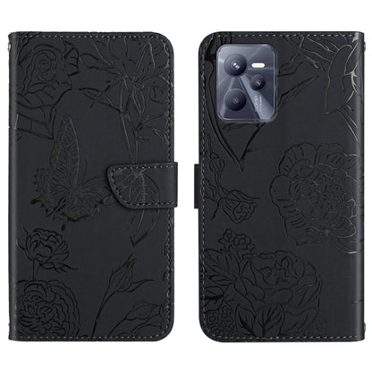 Dark black embossed floral butterfly leather phone case with folio flap and camera opening.