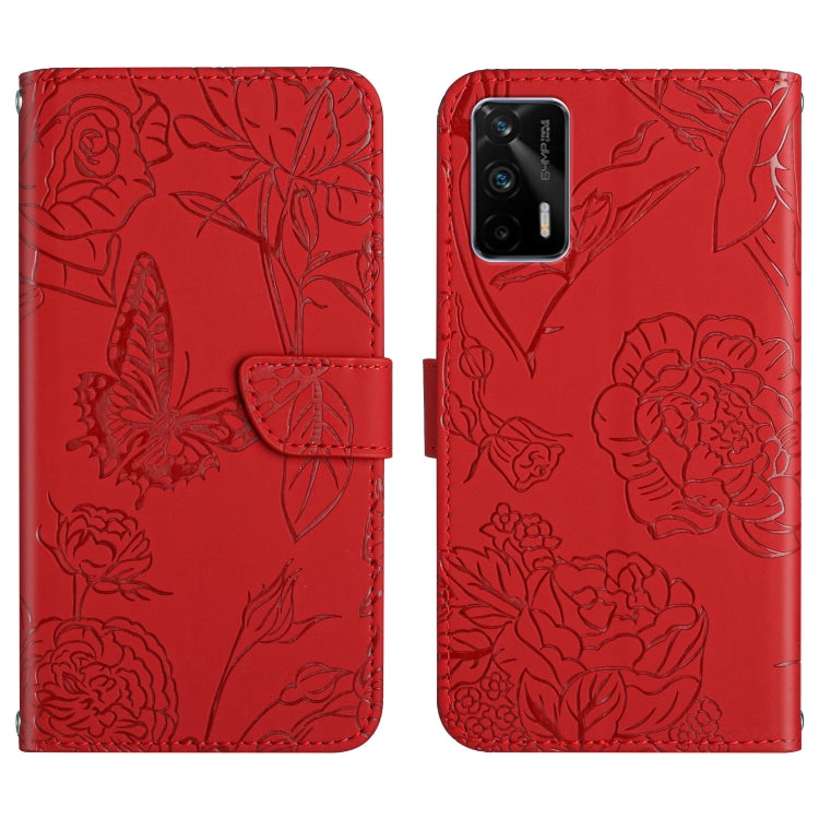 Vivid red embossed floral butterfly leather phone case with folio flap and camera opening.