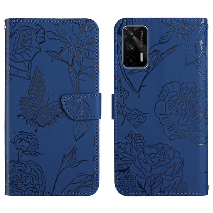 Deep blue embossed floral butterfly leather phone case with folio flap and camera opening.