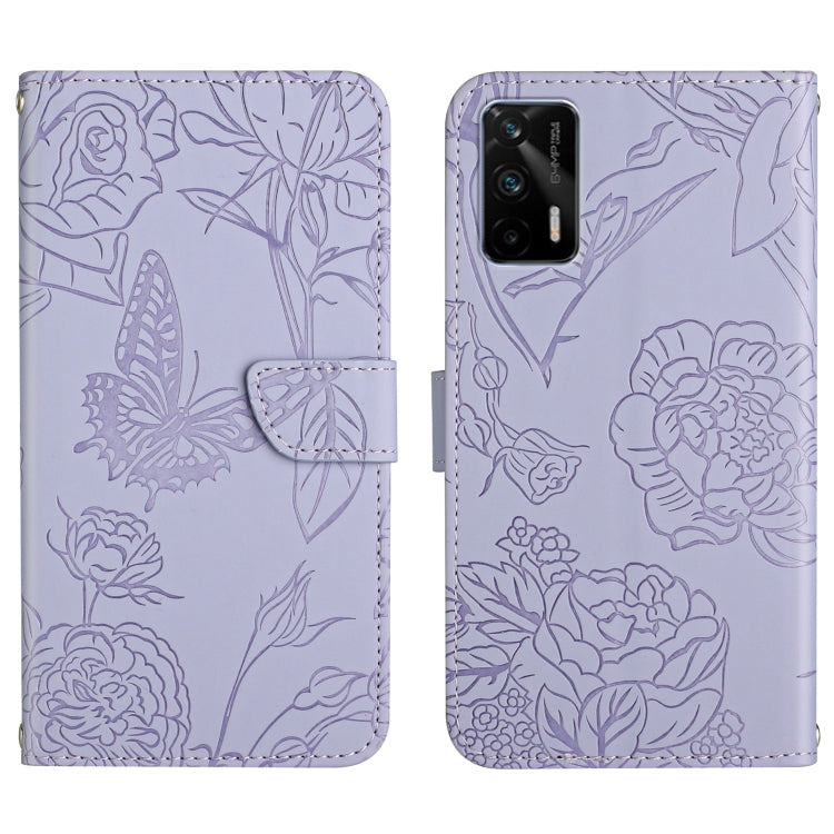 Purple-toned embossed floral butterfly leather phone case with folio flap and camera opening.