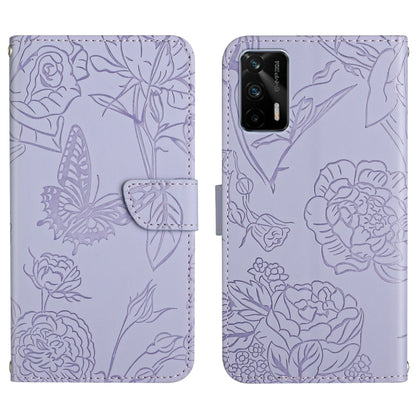Purple-toned embossed floral butterfly leather phone case with folio flap and camera opening.