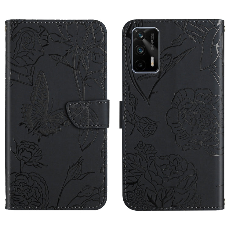 Black embossed leather phone case with floral butterfly design, flip cover