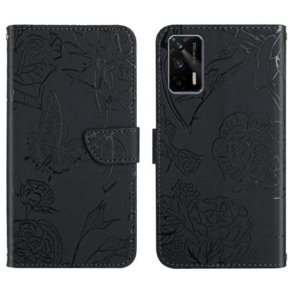 Black embossed leather phone case with floral butterfly design, flip cover