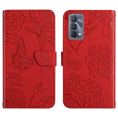 Red embossed leather phone case with floral butterfly design, flip cover