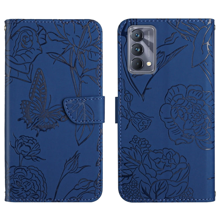 Blue embossed leather phone case with floral butterfly design, flip cover
