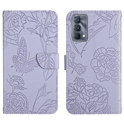 Purple embossed leather phone case with floral butterfly design, flip cover