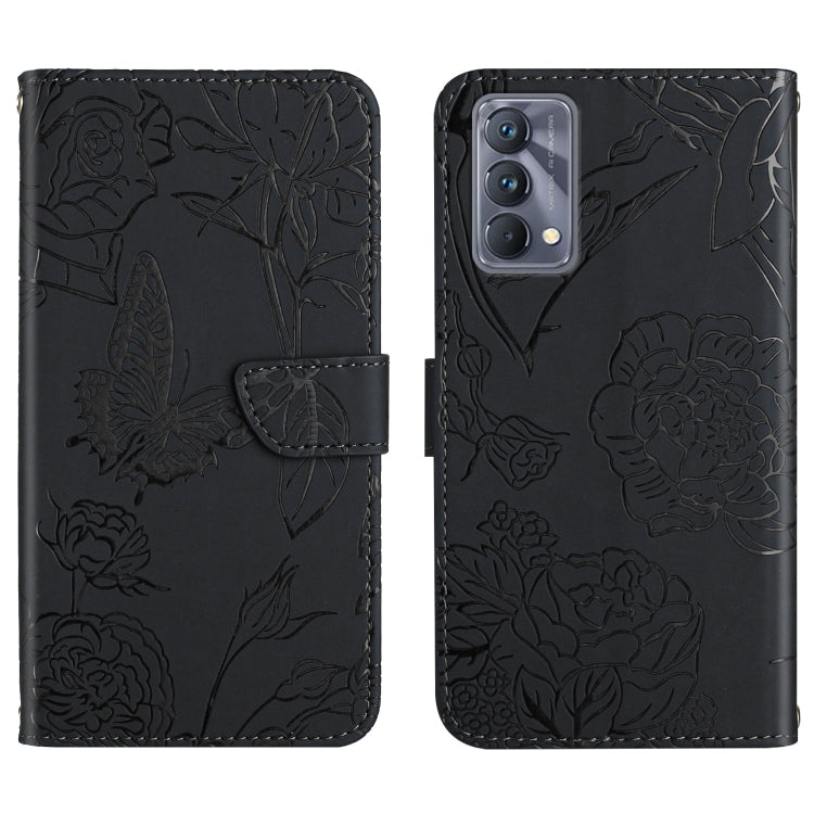 Black embossed leather phone case with floral butterfly, flip cover and card pocket