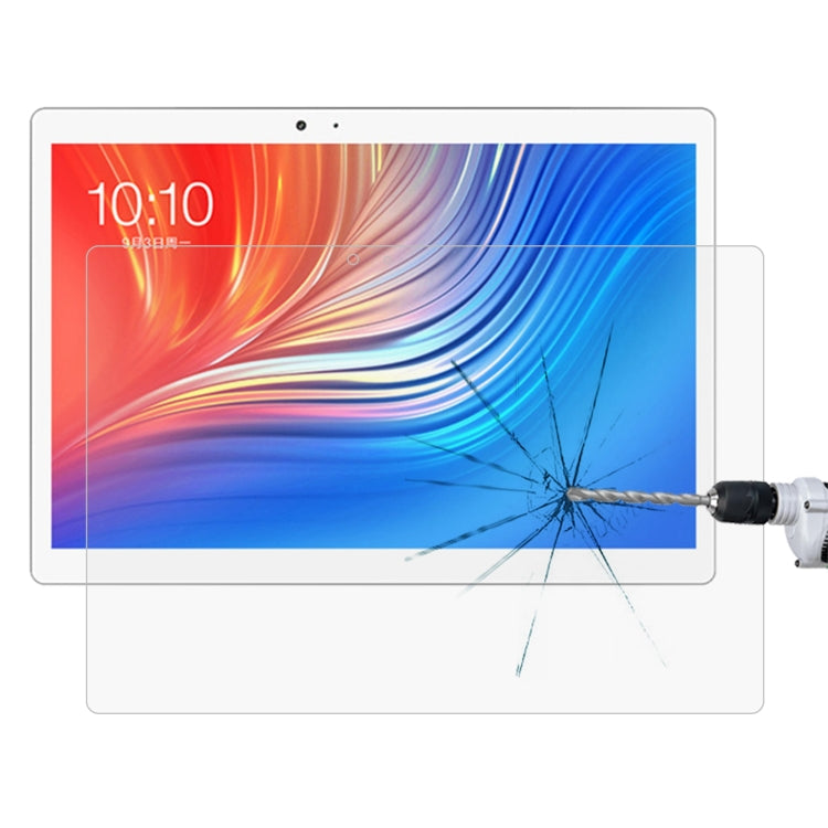 Tempered glass screen protector installed on tablet screen, crack impact shown