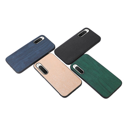 Wood-texture PU phone case with camera cutouts, assorted blue, tan, black, green