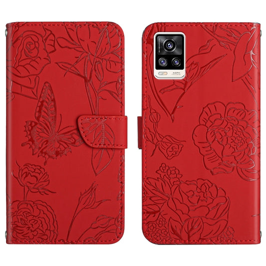 Red embossed leather phone case with butterfly and peony floral pattern, front and back