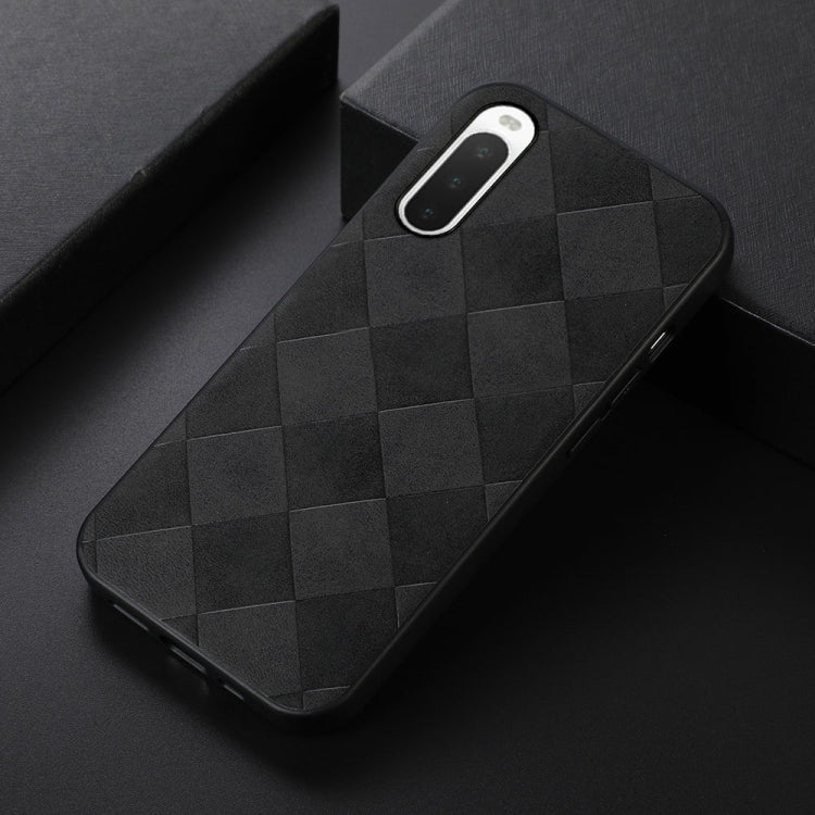 Dark plaid PU phone case with diamond quilt pattern and side cutouts
