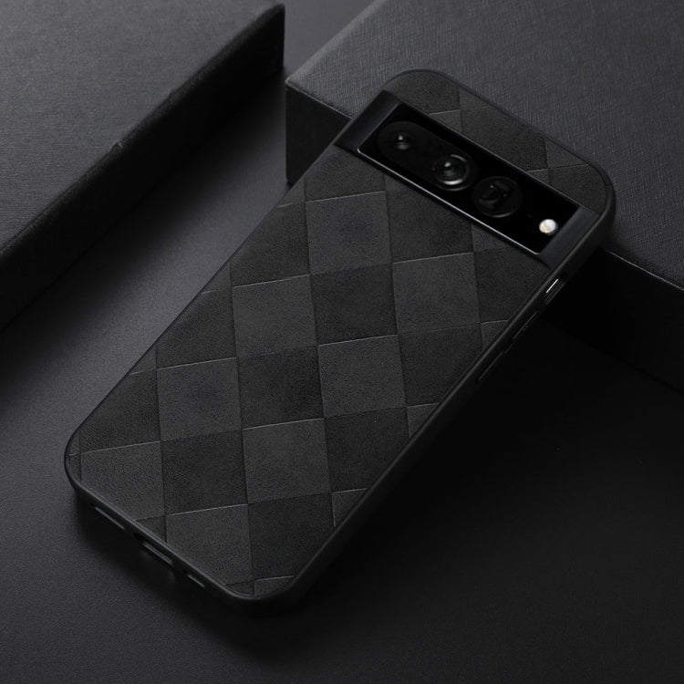 Black plaid PU phone case angled, showing diamond texture and camera opening