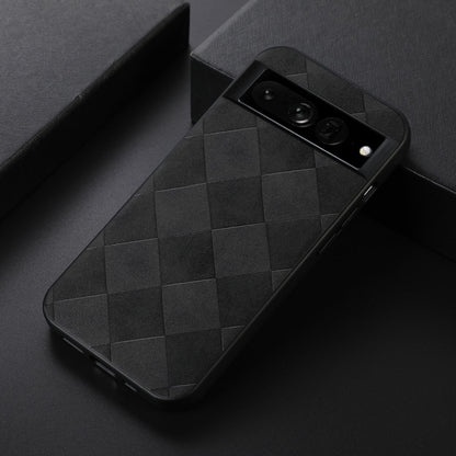 Black plaid PU phone case angled, showing diamond texture and camera opening