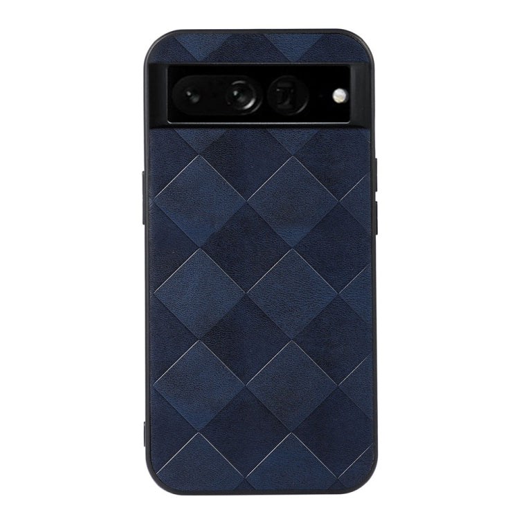 Blue plaid PU phone case with diagonal diamond pattern and camera cutout