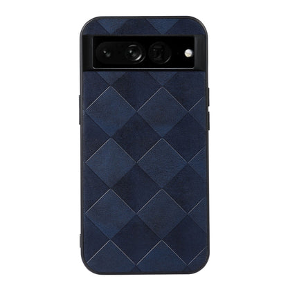 Blue plaid PU phone case with diagonal diamond pattern and camera cutout